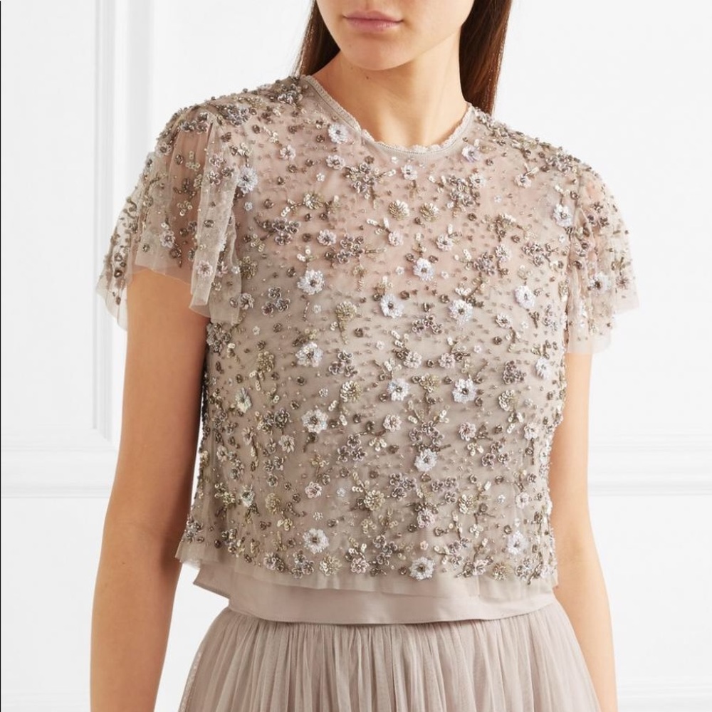 STUNNING Anthropologie Lilac and Silver intricately beaded Needle and Thread top